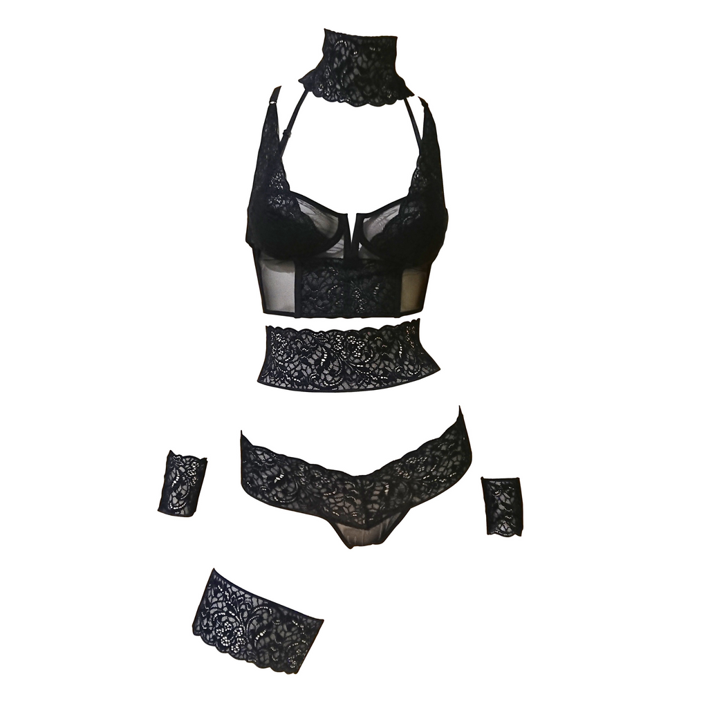 Always A Muse Convertible Longline Bra, Lace-Top Ruched Bikini Panties, and Acesspry Bands & Garters Set  (front view) show in black without underwires has alternating lace and see-through panels on front and convertible straps. 