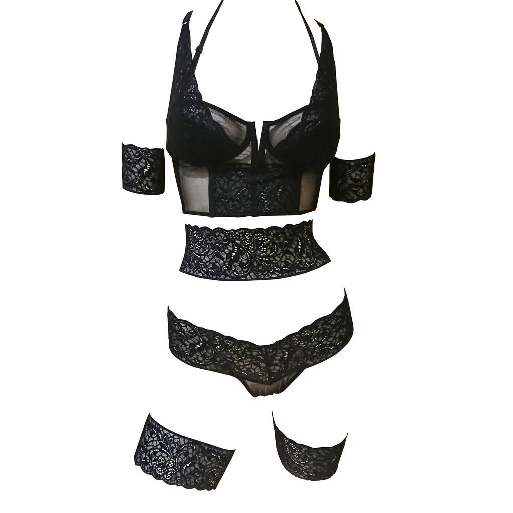 Black Strappy Longline Lace Bra ❤ liked on Polyvore featuring
