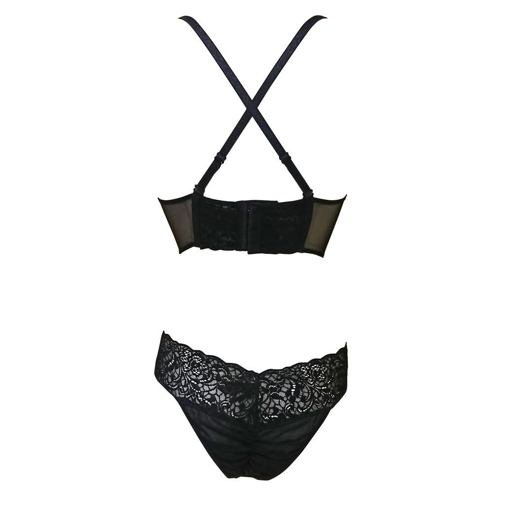 Always A Muse Convertible Longline Bra + Lace-Top Ruched Bikini Panties Set (back view) show in black without underwires has alternating lace and see-through panels on front and convertible straps.
