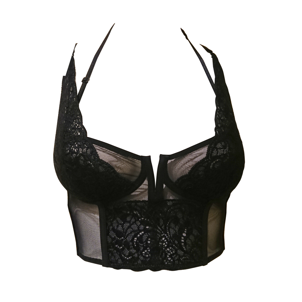 Always A Muse Convertible Longline Bra + Lace-Top Ruched Bikini Panties Set (front view) show in black without underwires has alternating lace and see-through panels on front and convertible straps.