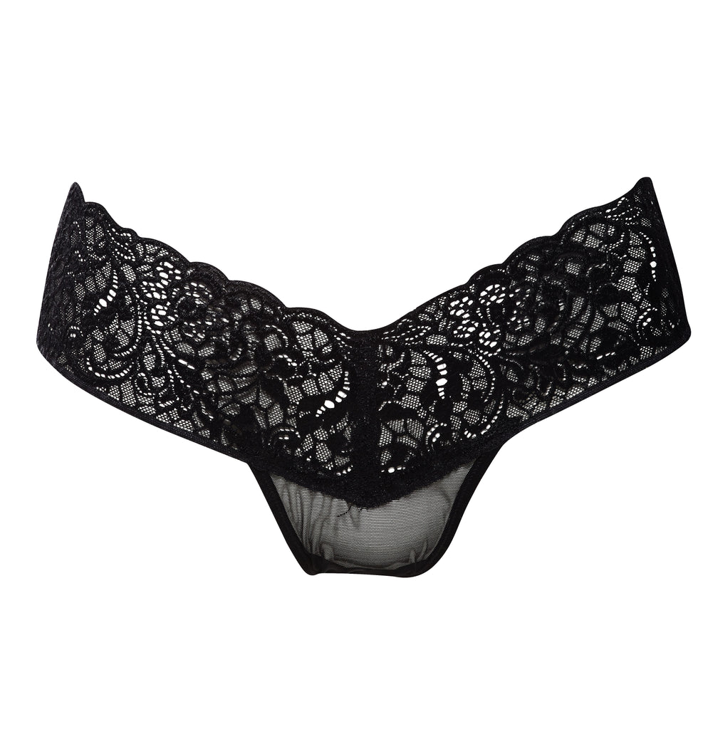 Always A Muse Lace-Top Ruched Bikini Panties (front view) show in black with Lace-top waistband, scrunch style back, and sheer panels.