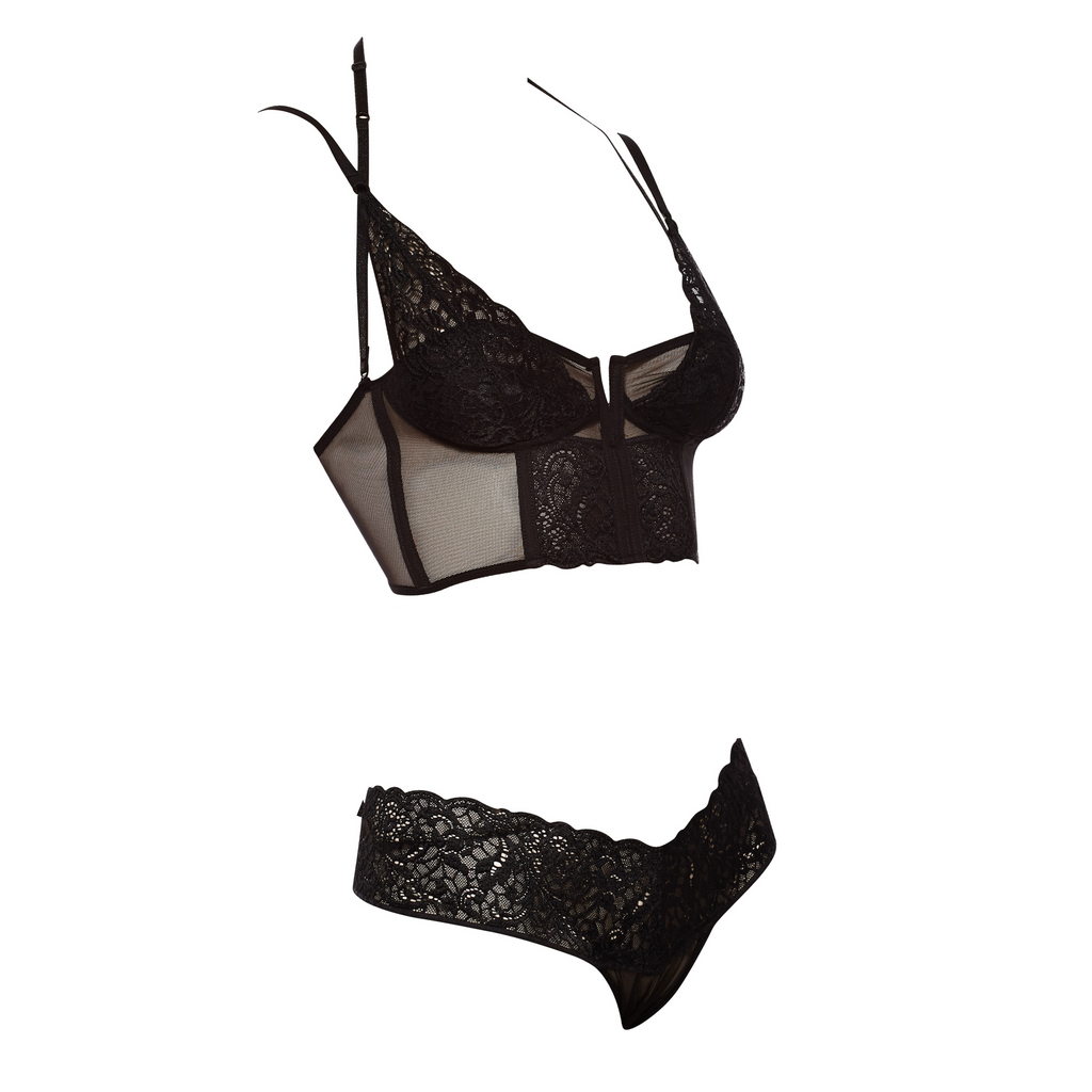Always A Muse Convertible Longline Bra + Lace-Top Ruched Bikini Panties Set (front view) show in black without underwires has alternating lace and see-through panels on front and convertible straps. 
