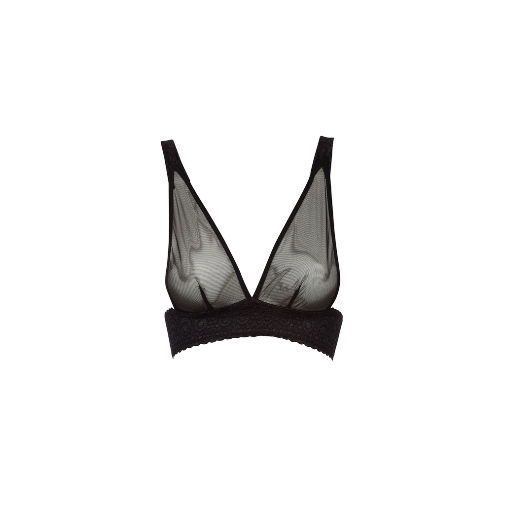 The Always A Muse Sheer Convertible Plunge Bralette (front view) in black is a wire-free wardrobe essential with alluring upgrades in luxurious Italian lace and tulle.