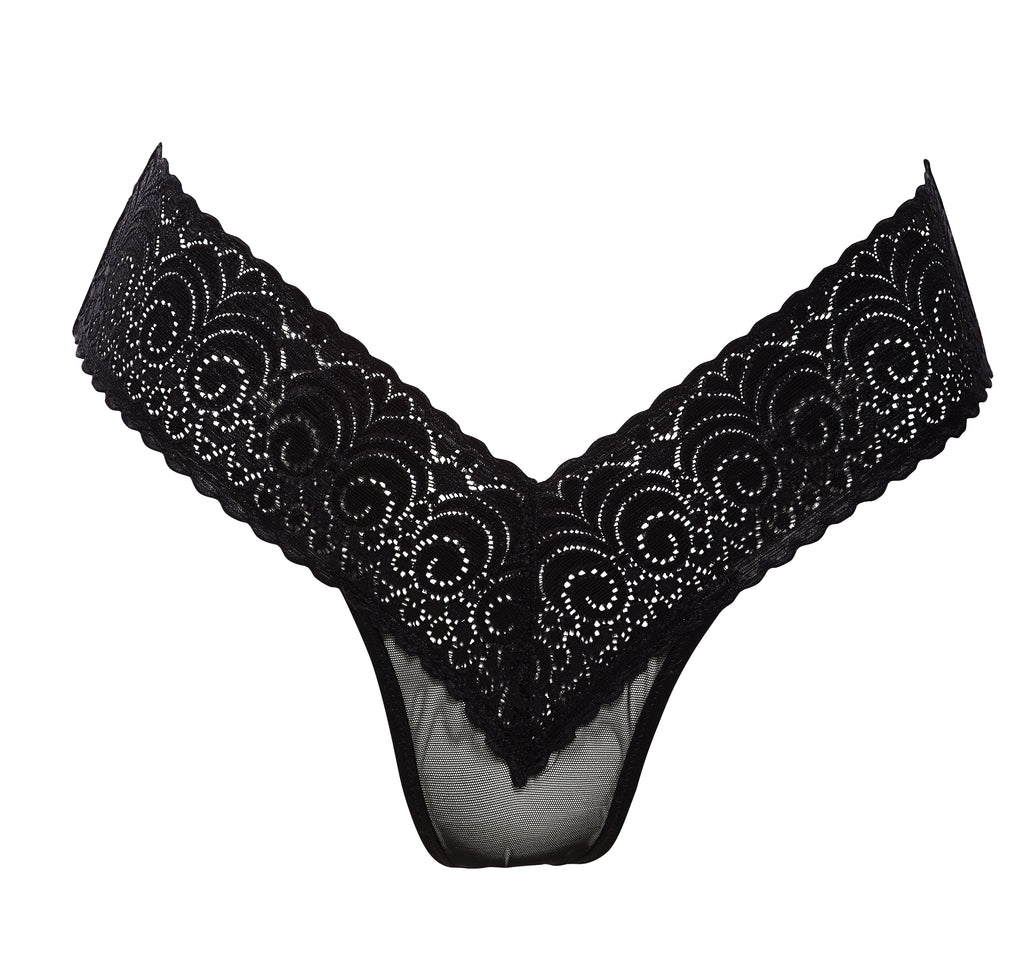 Always A Muse Sheer Lace Thong (front view) show in black with see-through panels on front and ultra-low rise. 