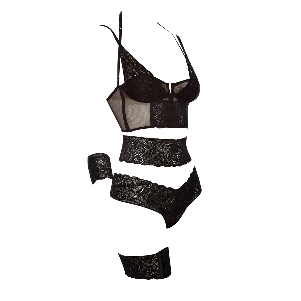 Always A Muse Convertible Longline Bra, Lace-Top Ruched Bikini Panties, and Accessory Bands & Garters Set  (front view) show in black without underwires has alternating lace and see-through panels on front and convertible straps. 