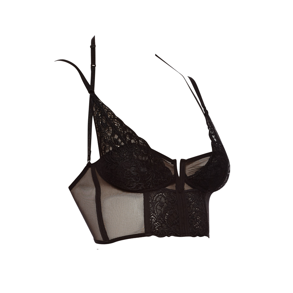 Always A Muse Convertible Longline Bra (side view) show in black without underwires has alternating lace and see-through panels on front and convertible straps. 