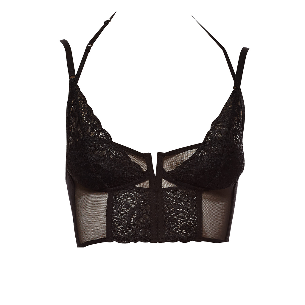Always A Muse Convertible Longline Bra (front view) show in black without underwires has alternating lace and see-through panels on front and convertible straps. 