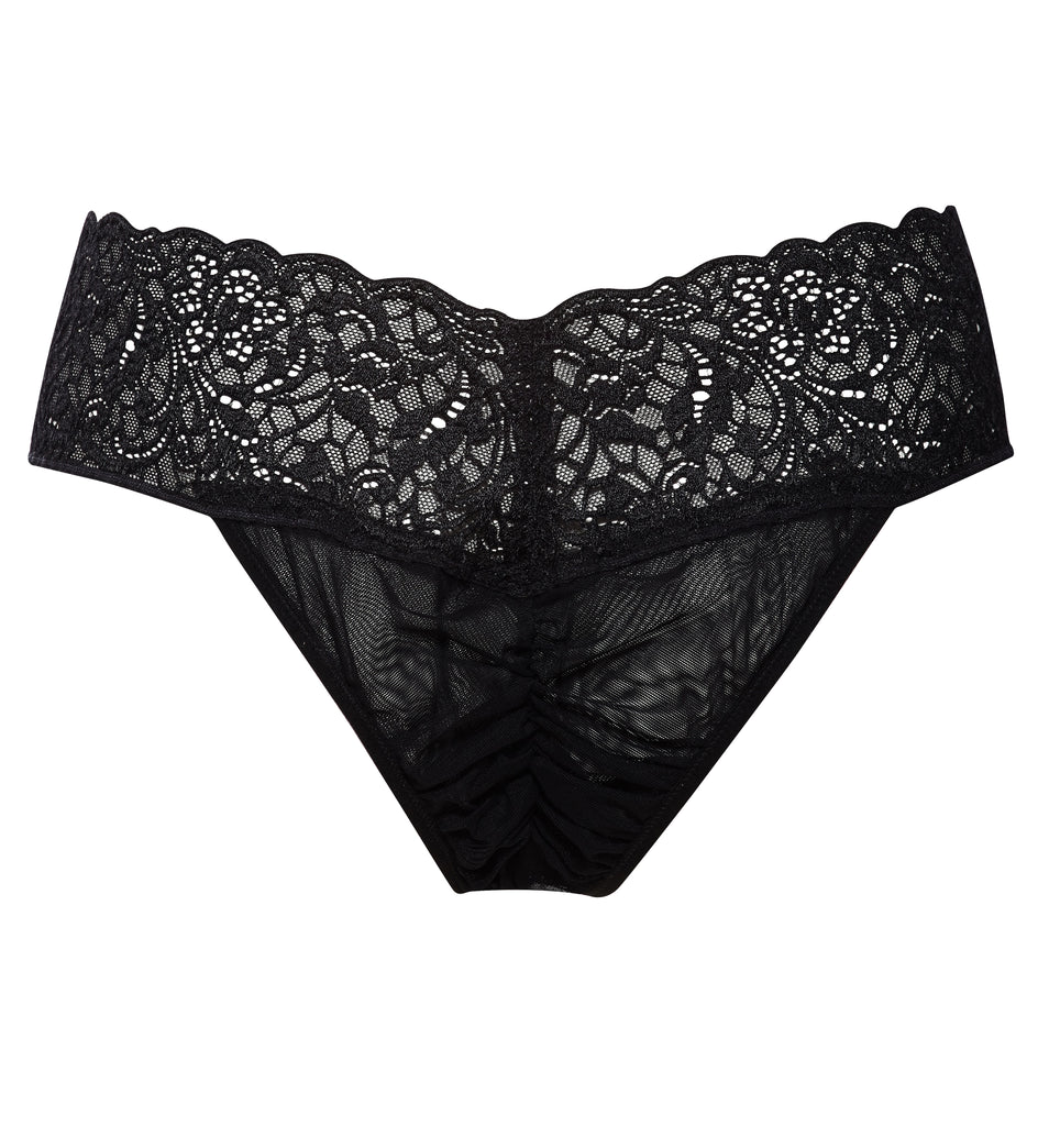Always A Muse Sheer Lace Ruched “Scrunch” Bikini (back view) show in black with see-through panels on front and ultra-low rise. Bikini has Brazilian-style minimal back coverage with lay-flat seams for the perfect fit under your favorite clothes. 
